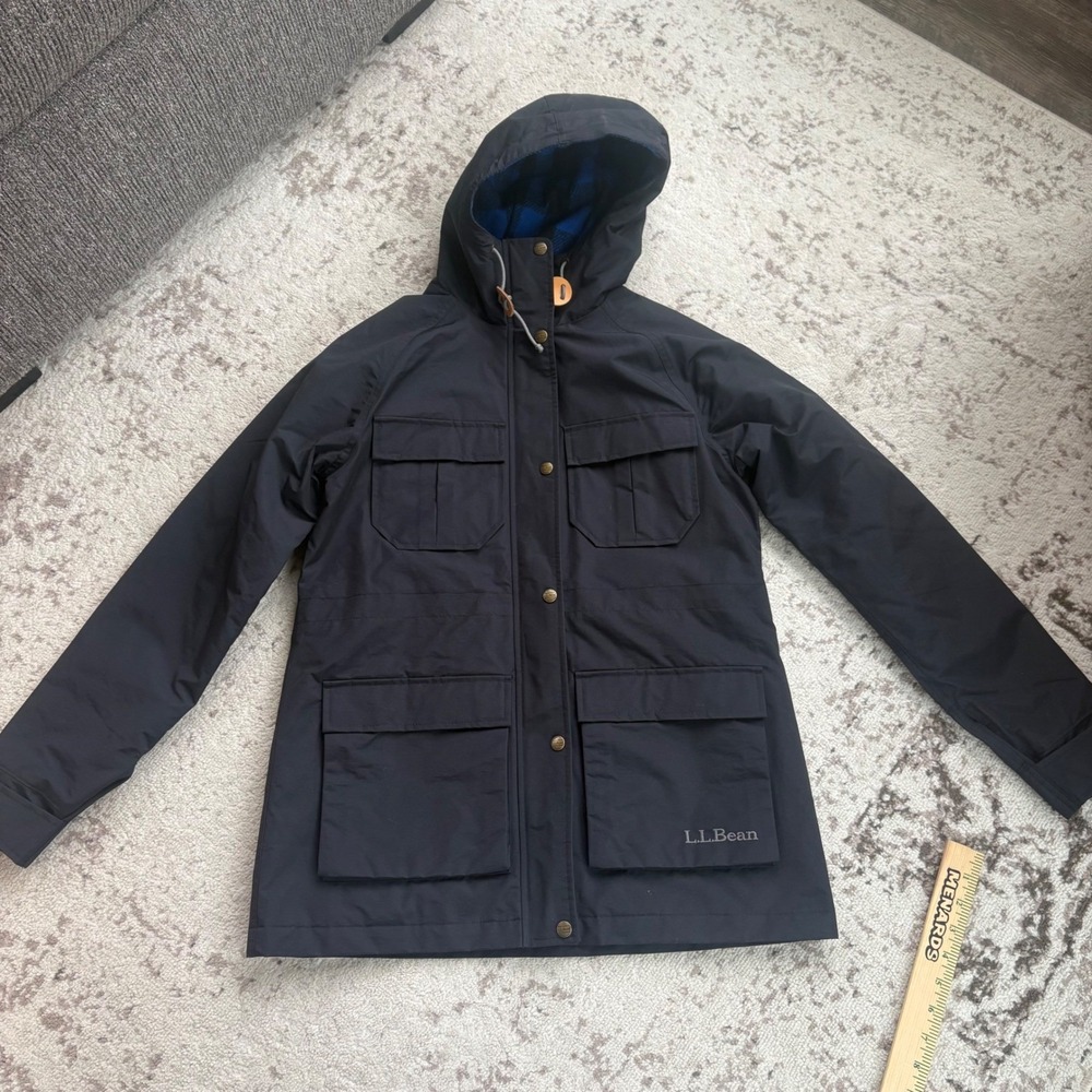 LL Bean Original Baxter State Parka 82 Midnight Black Blue Plaid Lining Sz small
